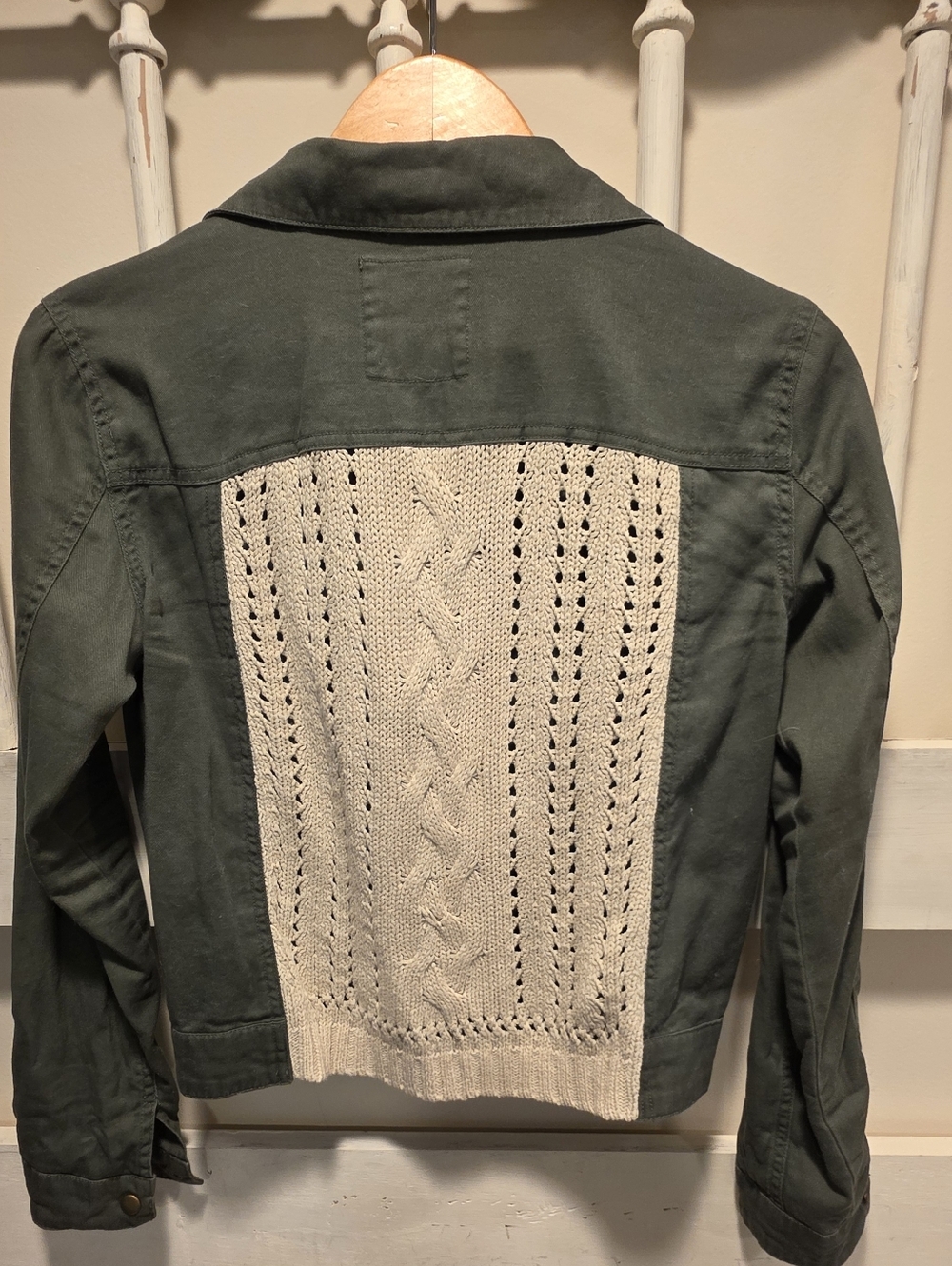 Sound & Matter Olive Green Snap-Front With Cream Knot Back Jean Jacket